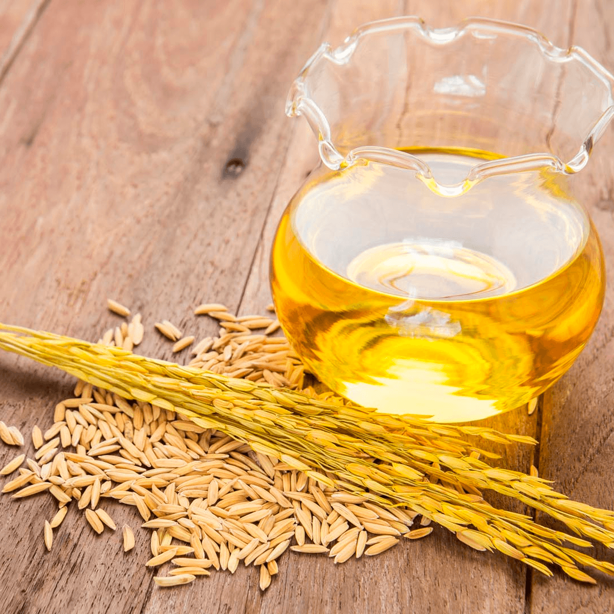 Rice bran oil in a glass bowl with fresh rice grains